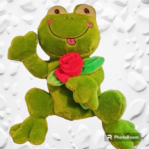 Frog🐸 Plush Stuffed Animal Doll Green Red Rose Loblaws - Picture 1 of 6